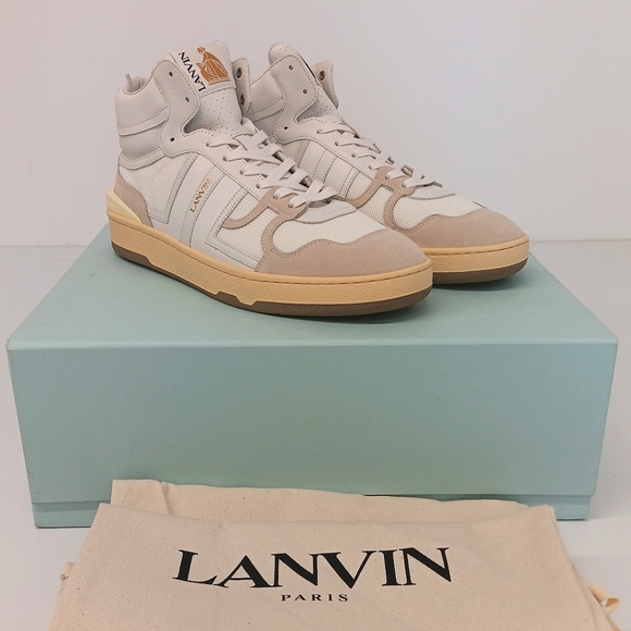 Lanvin Men's Curb Clay White Tennis Leather & Mesh Hi Top Sneakers